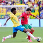 Brahim Diaz of Morocco and Vinicius Junior of Brazil during the FIFA World Cup 2026, Group C football match between Brazil and Morocco on 14 June 2026 at MetLife Stadium in East Rutherford, New Jersey, United States - Photo Jose Breton / Spain DPPI / DPPI (Photo by Jose Breton / Spain DPPI / DPPI via AFP)